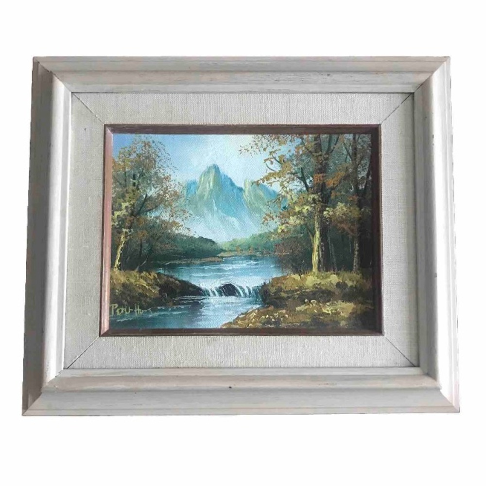Vintage Framed Original Canvas Oil Painting Mountain Forest Landscape Signed